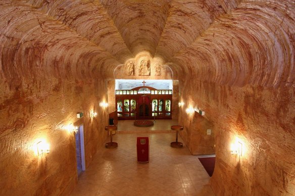 Coober Pedy’s subterranean Serbian Orthodox Church, with scalloped ceilings and colourful icons.