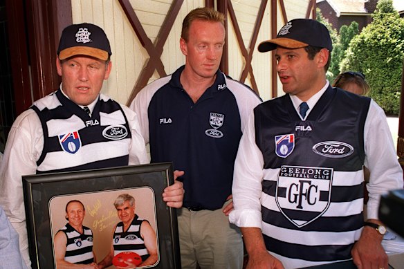 Cats-loving politicians Rob Hulls and Steve Bracks with Geelong’s Barry Stoneham.