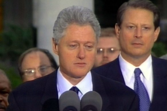 Then president Bill Clinton, making a short statement after being impeached  in 1998. He was later acquitted by the Senate. 