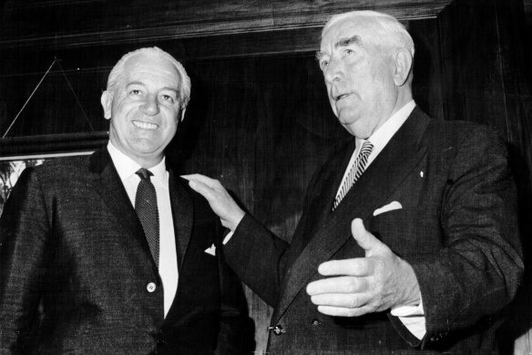 Harold Holt (left) with Sir Robert Menzies after Holt took over the reigns of power in January 1966.