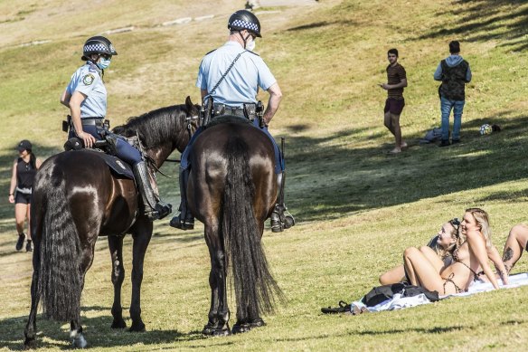 NSW Police patrol Bondi Beach keeping the COVID-19 restrictions in place.