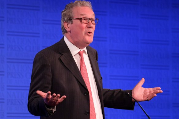 Former foreign minister Alexander Downer speaking in Canberra in 2019.
