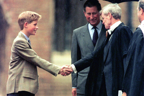 The then Prince Charles drops off Prince Harry at Eton College in 1998.