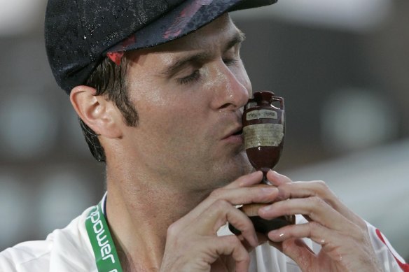 Michael Vaughan celebrates England’s shock Ashes triumph in 2005.