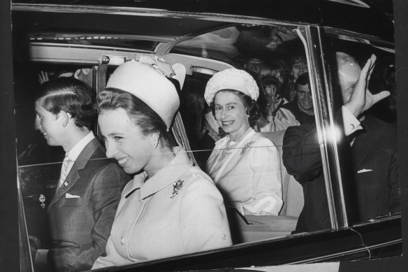 Prince Charles, Princess Anne, the Queen and Prince Phillip leaving the Trocadero for Government House in Sydney in April 1970.