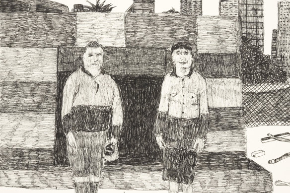 A drawing of John Oliver, managing director of Rammed Earth Constructions, whose team made the earth walls at the Art Gallery of NSW. It is one of the series commissioned to document the workers on site.  