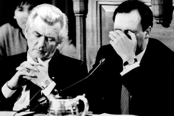 Bob Hawke and Paul Keating at the national Tax summit in 1985