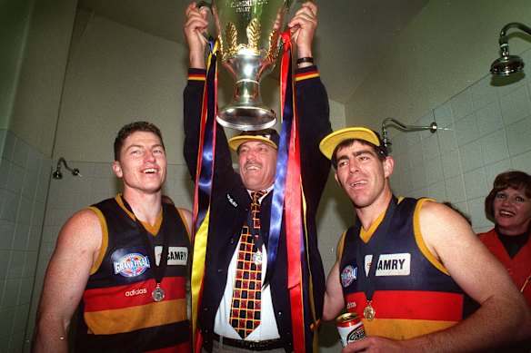 Mark Bickley, Malcolm Blight and Darren Jarman with the 1997 premiership cup. 