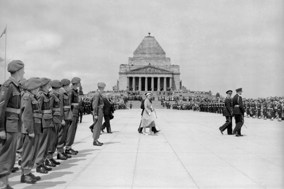 The Queen at the Shrine of Remembrance in Melbourne in 1954.