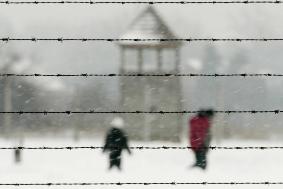 Barbed wire in the former Nazi concentration camp of Auschwitz-Birkenau, 2005.