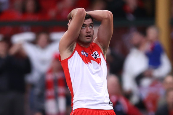 Swans forward Logan McDonald lament his missed shot at goal.