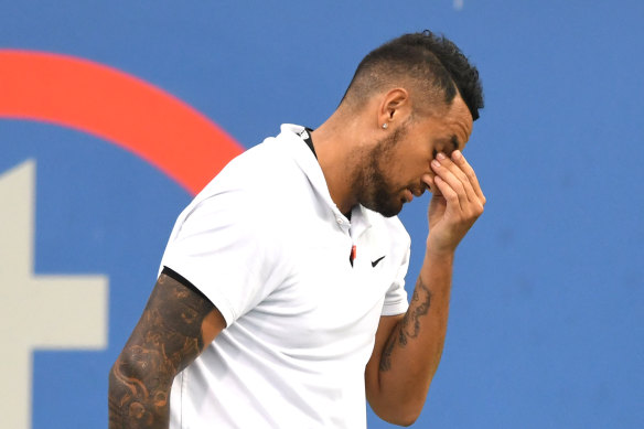 Kyrgios during a straight-sets loss to Mackenzie McDonald earlier this month.