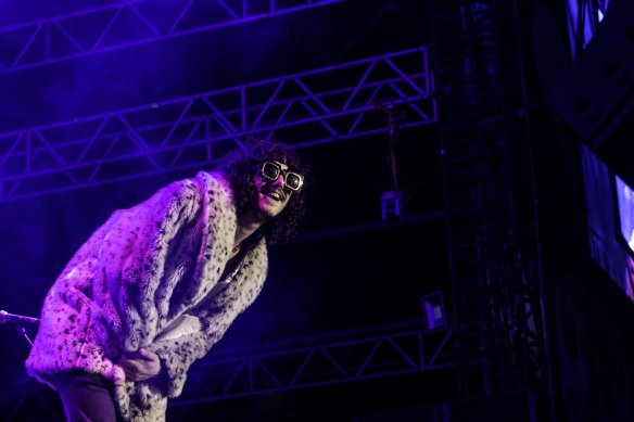 Dylan Frost, lead singer of band Sticky Fingers, on stage in the Amphitheatre at Splendour in the Grass in 2016.