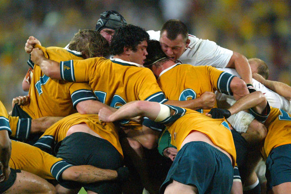 The Australian scrum comes under pressure from England in 2003.
