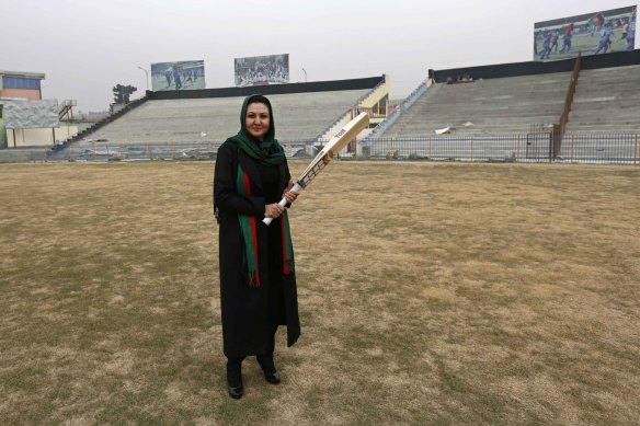 The founder of the Afghanistan women’s team, Diana Barakzai, at the Kabul Cricket Stadium in 2014.