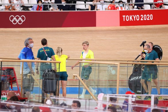 Alex Porter heads off the track after his handlebars snapped off mid-race in Tokyo.