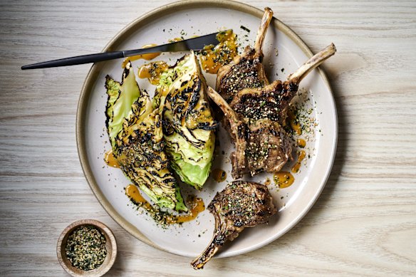 Umami lamb cutlets with miso butter and burnt cabbage.  