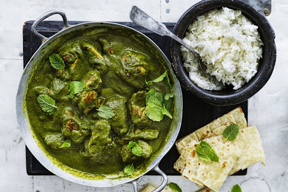 Peas are pureed for Adam Liaw's chicken in spinach and green pea curry.