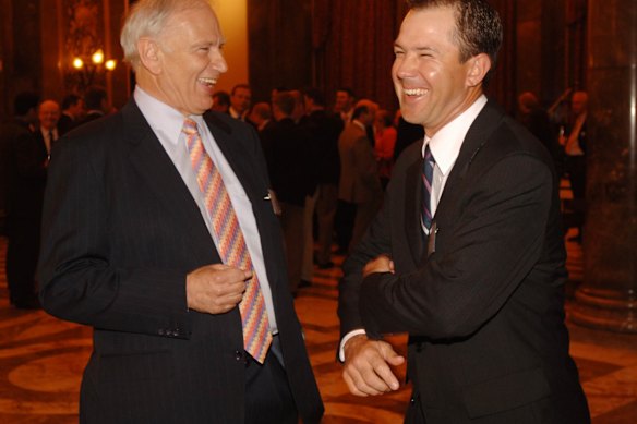 Australia’s then-high commissioner Richard Alston shares a laugh with Ricky Ponting at a reception at Australia House in 2005.
