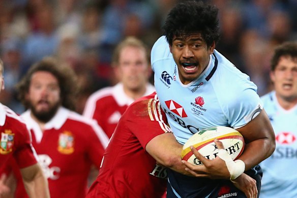 Will Skelton of the Waratahs is tackled during the match between the NSW Waratahs and the British & Irish Lions in 2013.