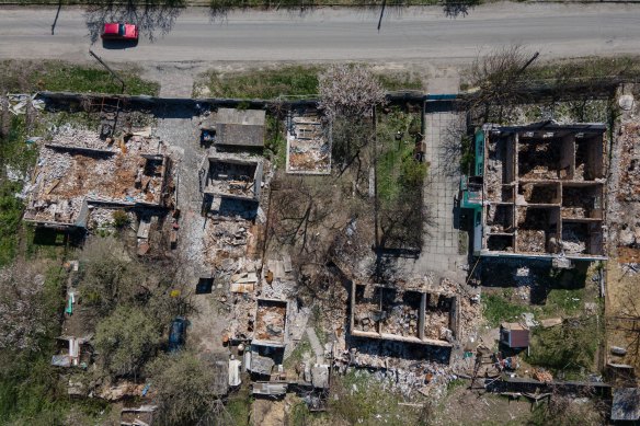 Destroyed houses in Zahaltsi, Ukraine. 