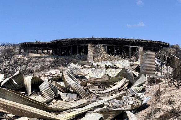 The original Southern Ocean Lodge after the January 2020 fires. “From the moment it burnt down, I was absolutely hell-bent on rebuilding it,” Hayley Baillie says.