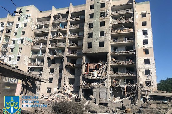 A photo provided by the Odesa Regional Prosecutor’s Office shows a damaged apartment building in the city.