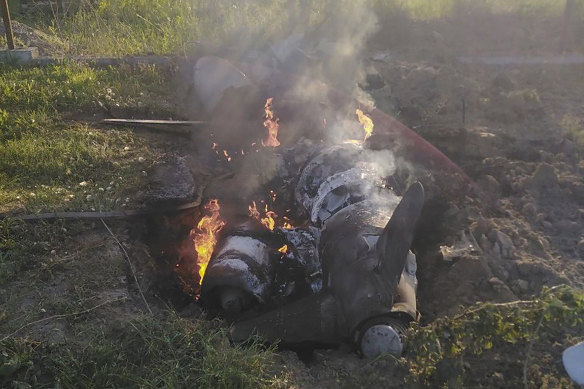 The remains of a Russian rocket which was shot down by Ukraine’s air defence system in the Kyiv region on Thursday.