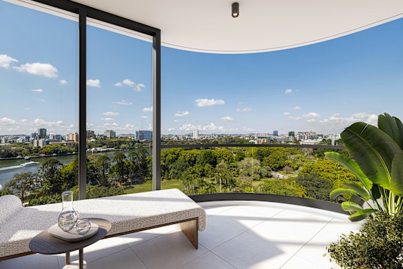An artist impression of the view from 204 Alice Street over the Botanic Gardens and South Brisbane. 