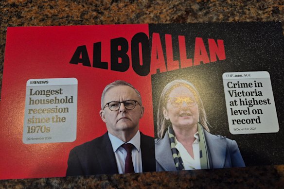 A Liberal leaflet attempting to tie Prime Minister Anthony Albanese to Premier Jacinta Allan.