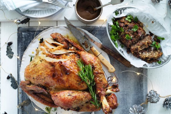 Get ahead on the gravy and save your bread for stuffing, such as Jill Dupleix’s dry-brined turkey with herb and lemon stuffing (top right) and Vegemite gravy (bottom left). 