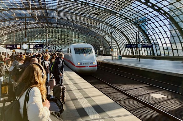 On the platform to board a high-speed Intercity Express (ICE) train.