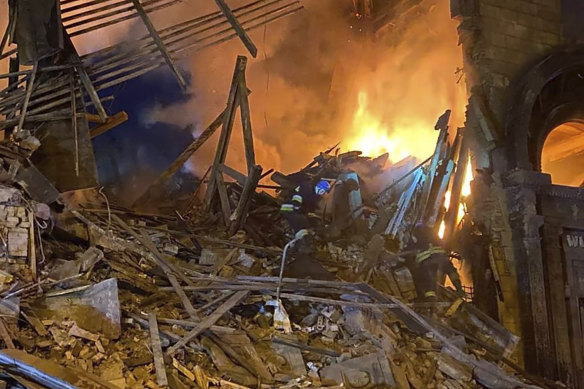 The aftermath of an explosion at a building in Zaporizhzhia, Ukraine.