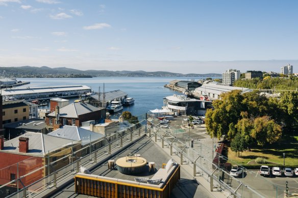 Harbour views from the Aurora Suite terrace at The Tasman, Hobart.