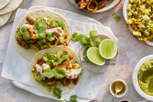 Karen Martini’s pork fajitas with pineapple and corn salsa and guacamole