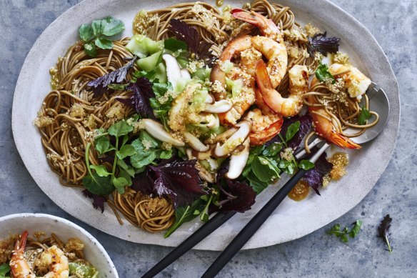 Karen Martini’s chilled buckwheat noodles with grilled prawns and miso dressing