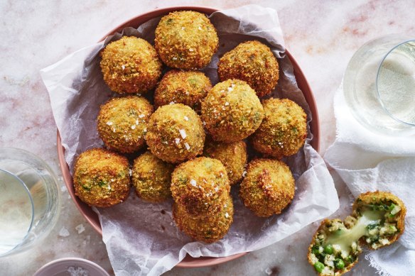 Karen Martini’s arancini with peas, spinach, mint and smoked scamorza