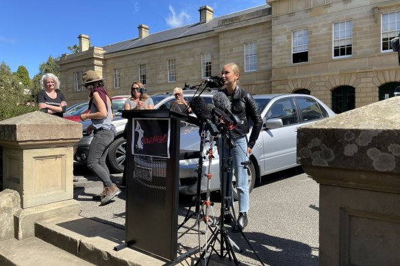 Grace Tame speaking at Hobart’s March 4 Justice.