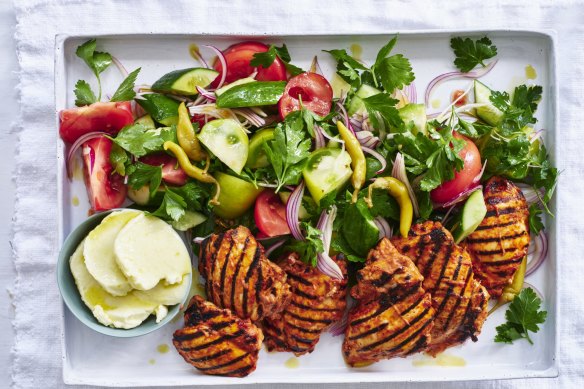 Danielle Alvarez’s grilled chicken with toum, and cucumber and tomato salad