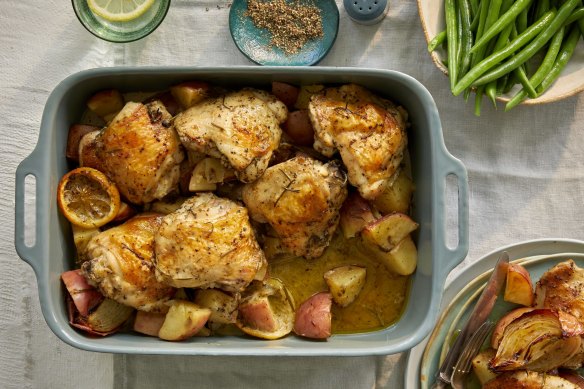 Karen Martini’s roast chicken thighs with potato, garlic and rosemary