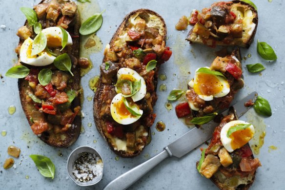 Ratatouille on toast with soft-boiled eggs.