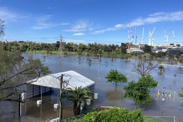 The flooded Maribyrnong River at Flemington Racecourse on Friday.