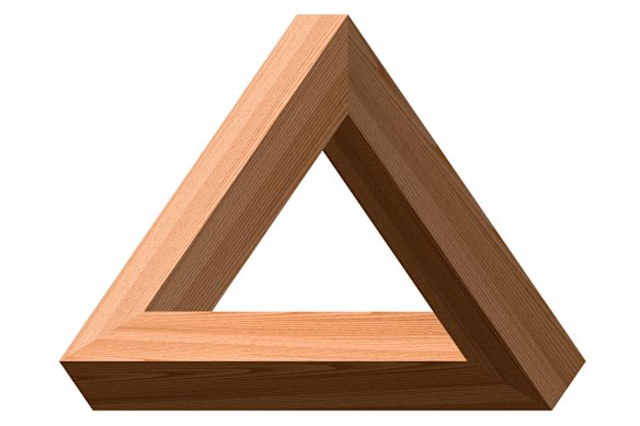 Penrose’s optical illusion of an “impossible triangle”, inspired by a visit to an Escher exhibition.