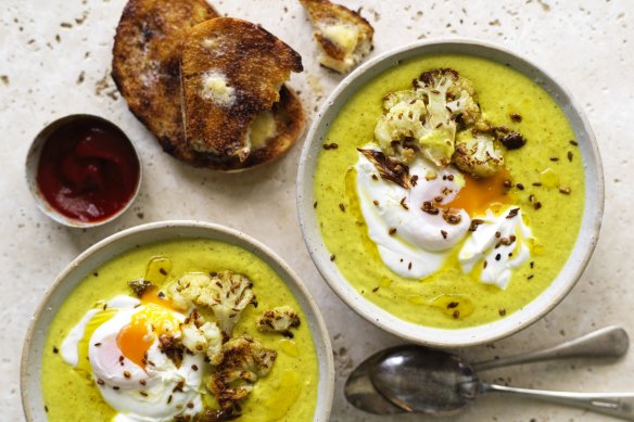 Roasted cauliflower and turmeric soup with yoghurt and poached egg ticks several boxes for brain health.
