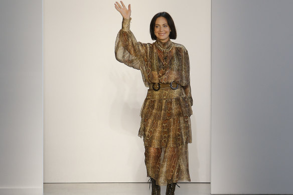 Designer Nicky Zimmerman taking her bow at a New York fashion week in 2018.