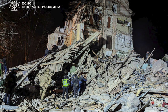 An apartment building destroyed by a Russian attack in Kryvyi Rih, Ukraine, on Christmas Day.