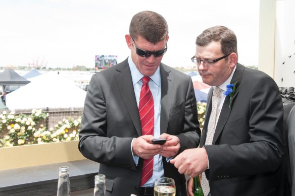 Daniel Andrews with James Packer in the Crown marquee on Derby Day in 2012.