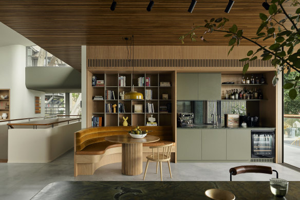 The Balmain East project by Studio Johnston shows the versatility of olive green, pairing it with timber and mustard-coloured velvet.