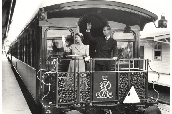 Queen Elizabeth II and Prince Philip on the royal train at Sydney’s Central Station in 1954.