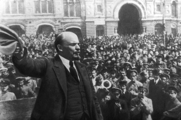 Vladimir Lenin addressing a crowd in Red Square, Moscow in 1917. 